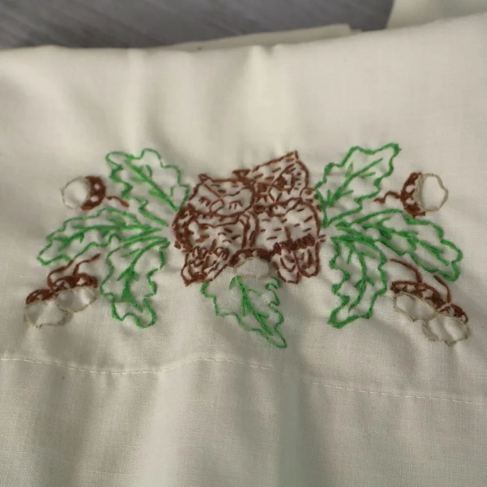 Vintage Hand Embroidered Owls and Acorns Cross Stitch Tube Pillow Cases 26x19